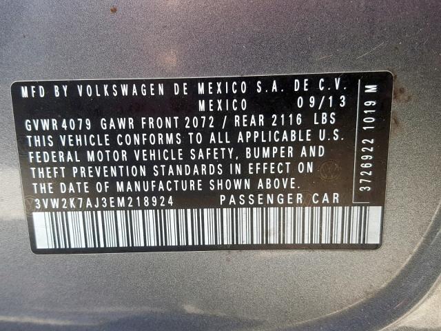 3VW2K7AJ3EM218924 - 2014 VOLKSWAGEN JETTA BASE GRAY photo 10