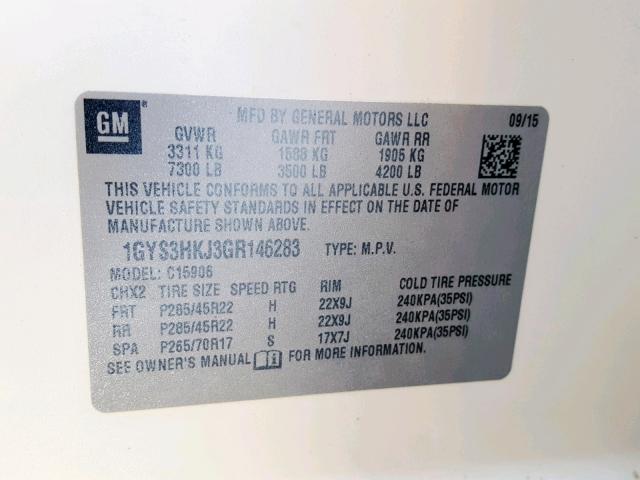 1GYS3HKJ3GR146283 - 2016 CADILLAC ESCALADE E WHITE photo 10