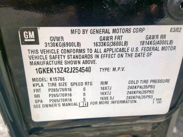 1GKEK13Z42J254540 - 2002 GMC YUKON BLACK photo 10