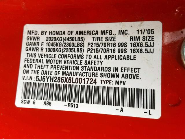 5J6YH286X6L001724 - 2006 HONDA ELEMENT EX RED photo 10