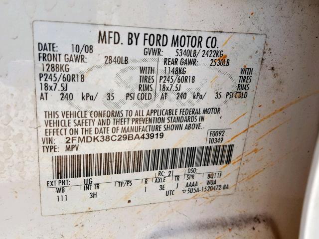 2FMDK38C29BA43919 - 2009 FORD EDGE SEL WHITE photo 10