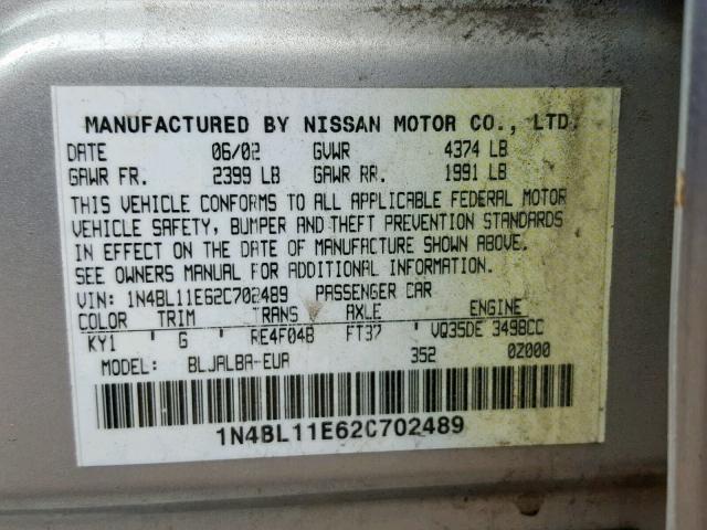 1N4BL11E62C702489 - 2002 NISSAN ALTIMA SE SILVER photo 10