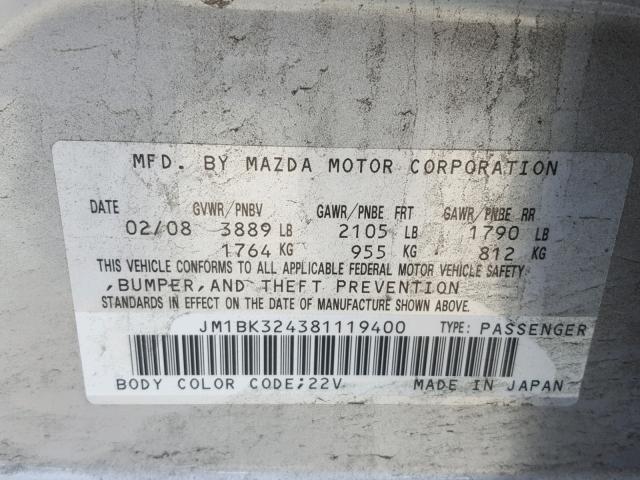 JM1BK324381119400 - 2008 MAZDA 3 S SILVER photo 10