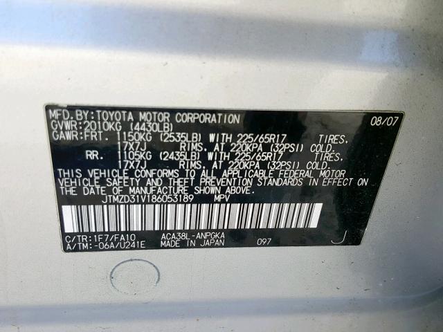 JTMZD31V186053189 - 2008 TOYOTA RAV4 LIMIT GRAY photo 10