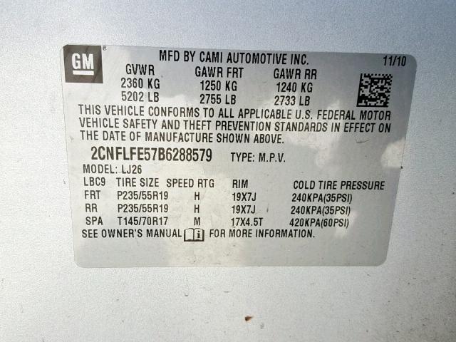 2CNFLFE57B6288579 - 2011 CHEVROLET EQUINOX LT SILVER photo 10