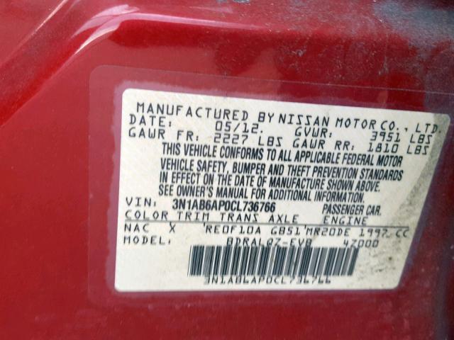 3N1AB6AP0CL736766 - 2012 NISSAN SENTRA 2.0 RED photo 10