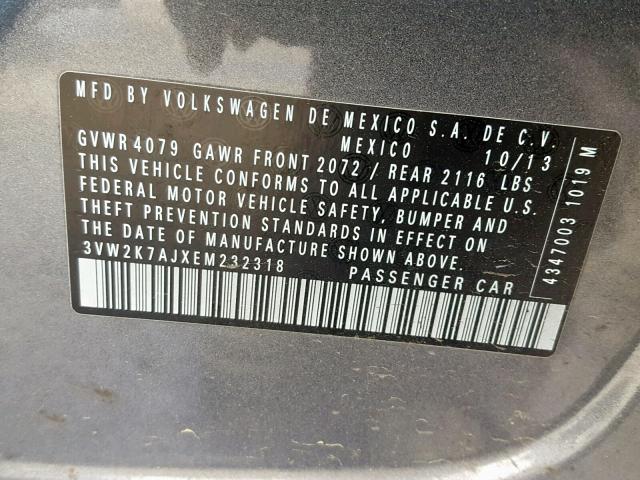 3VW2K7AJXEM232318 - 2014 VOLKSWAGEN JETTA BASE GRAY photo 10