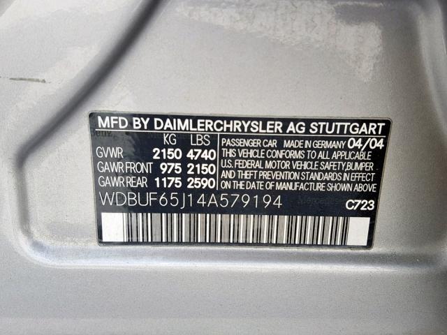 WDBUF65J14A579194 - 2004 MERCEDES-BENZ E 320 GRAY photo 10