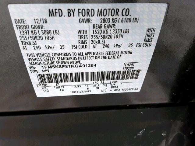 1FM5K8F81KGA91264 - 2019 FORD EXPLORER L GRAY photo 10