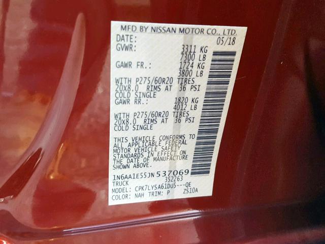 1N6AA1E55JN537069 - 2018 NISSAN TITAN SV MAROON photo 10