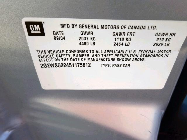 2G2WS522451175612 - 2005 PONTIAC GRAND PRIX 银色 照片 10