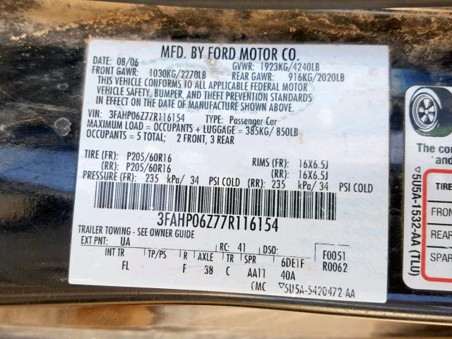 3FAHP06Z77R116154 - 2007 FORD FUSION S BLACK photo 10