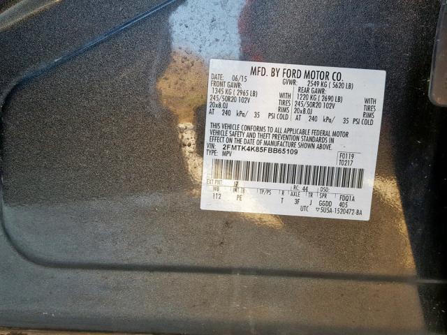 2FMTK4K85FBB65109 - 2015 FORD EDGE TITAN GRAY photo 10