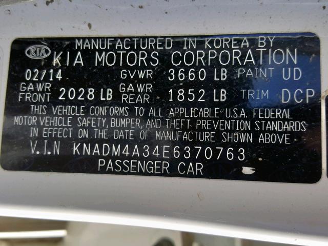 KNADM4A34E6370763 - 2014 KIA RIO LX WHITE photo 10