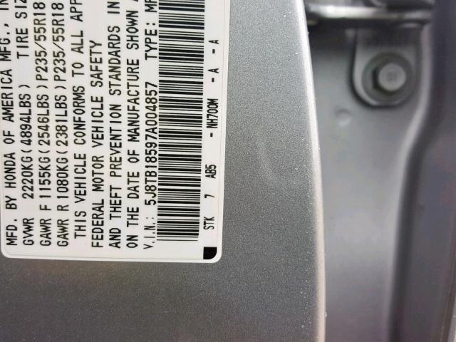 5J8TB18597A004857 - 2007 ACURA RDX TECHNO GRAY photo 10