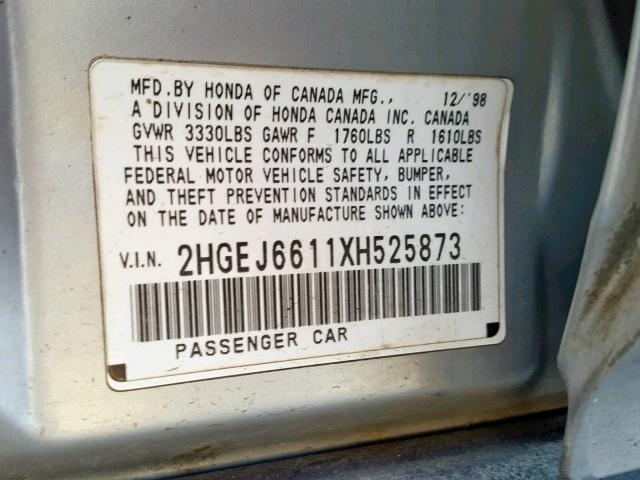 2HGEJ6611XH525873 - 1999 HONDA CIVIC BASE SILVER photo 10