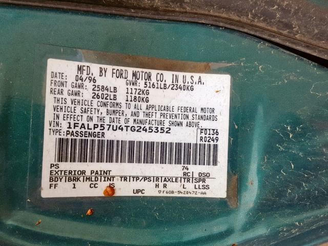 1FALP52UXVG218652 - 1997 FORD TAURUS GL GREEN photo 10