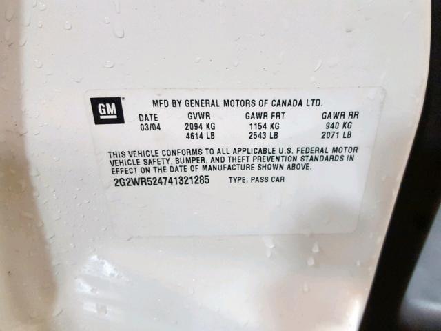 2G2WR524741321285 - 2004 PONTIAC GRAND PRIX WHITE photo 10