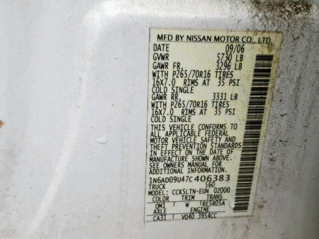 1N6AD09U47C406383 - 2007 NISSAN FRONTIER C WHITE photo 10