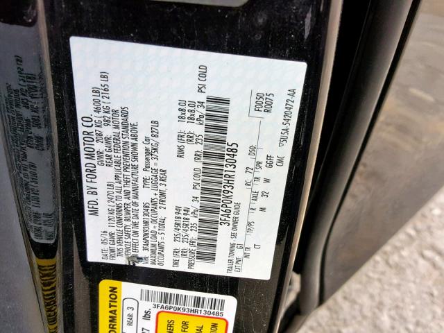 3FA6P0K93HR130485 - 2017 FORD FUSION TIT BLACK photo 10