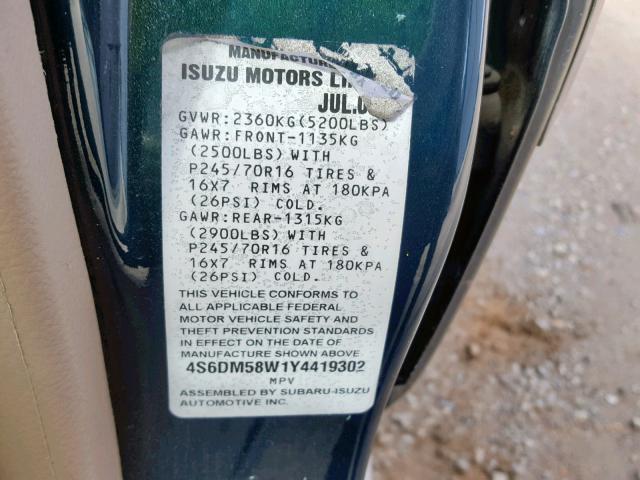 4S6DM58W1Y4419302 - 2000 HONDA PASSPORT E მწვანე ფოტო 10