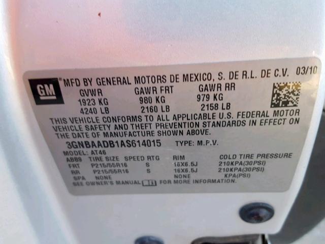 3GNBAADB1AS614015 - 2010 CHEVROLET HHR LS Plata foto 10