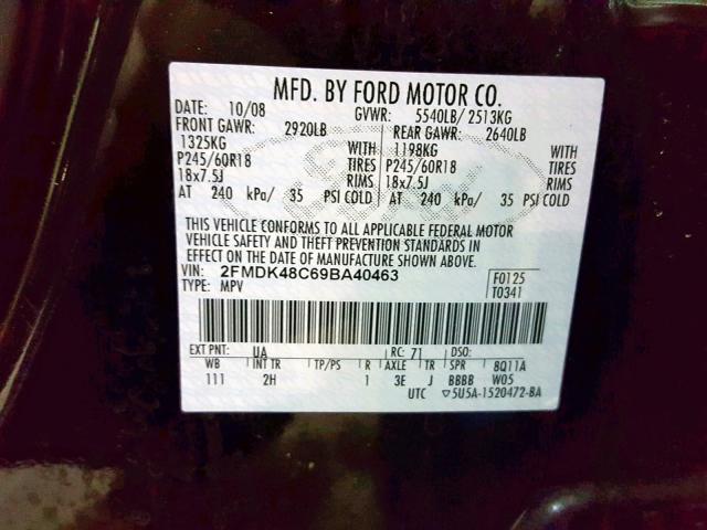 2FMDK48C69BA40463 - 2009 FORD EDGE SEL BLACK photo 10