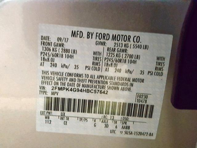 2FMPK4G94HBC57642 - 2017 FORD EDGE SE SILVER photo 10