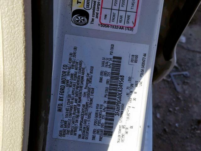 3FAHP0GA0CR349568 - 2012 FORD FUSION S WHITE photo 10