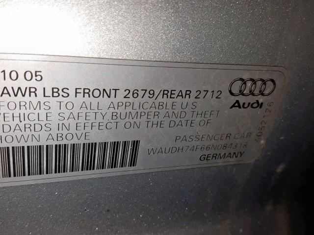 WAUDH74F66N084318 - 2006 AUDI A6 3.2 QUA SILVER photo 10