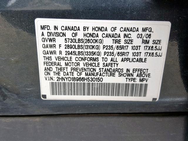 2HNYD18966H530150 - 2006 ACURA MDX TOURIN GRAY photo 10