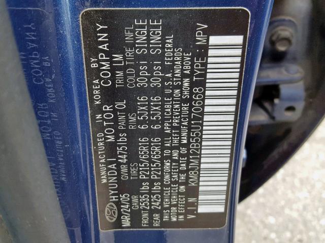 KM8JM12B55U170668 - 2005 HYUNDAI TUCSON GL BLUE photo 10