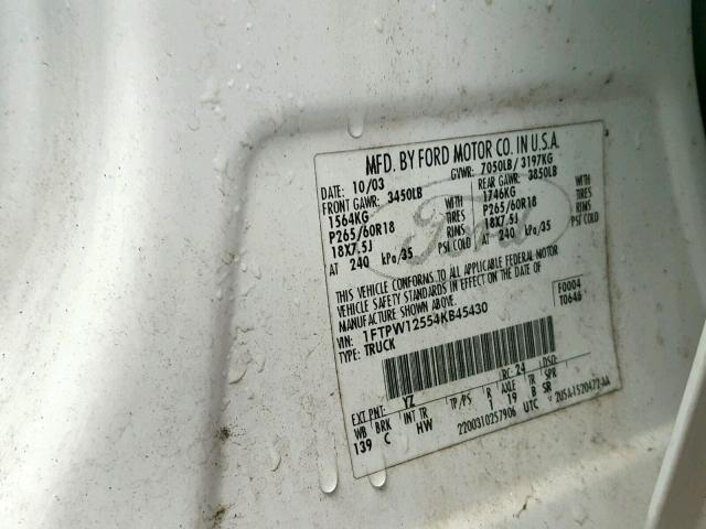 1FTPW12554KB45430 - 2004 FORD F150 SUPER WHITE photo 10