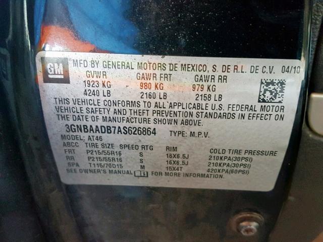 3GNBAADB7AS626864 - 2010 CHEVROLET HHR LS Negro foto 10