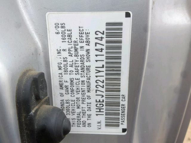 1HGEJ7221YL114742 - 2000 HONDA CIVIC HX SILVER photo 10