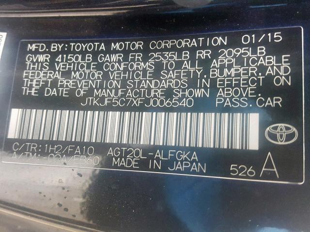 JTKJF5C7XFJ006540 - 2015 TOYOTA SCION TC BLUE photo 10