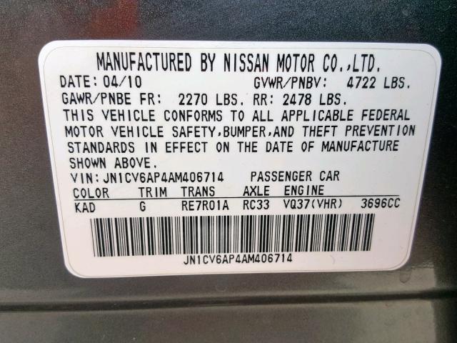 JN1CV6AP4AM406714 - 2010 INFINITI G37 BASE GRAY photo 10