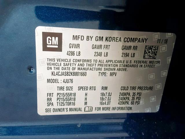 KL4CJASB2KB801660 - 2019 BUICK ENCORE PRE BLUE photo 10