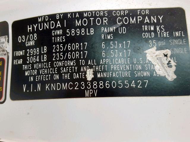 KNDMC233886055427 - 2008 HYUNDAI ENTOURAGE WHITE photo 10