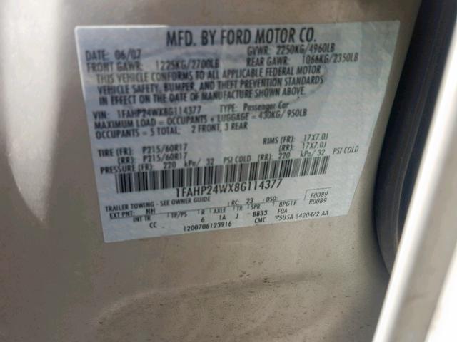 1FAHP24WX8G114377 - 2008 FORD TAURUS SEL TAN photo 10