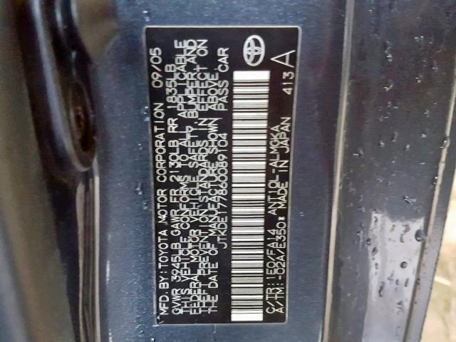 JTKDE177860089104 - 2006 TOYOTA SCION TC ლურჯი ფოტო 10