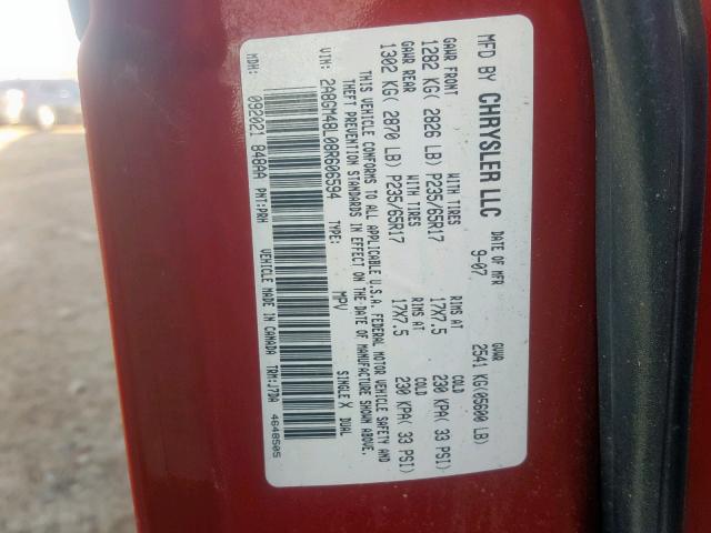 2A8GM48L08R606594 - 2008 CHRYSLER PACIFICA L RED photo 10