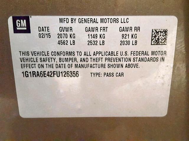 1G1RA6E42FU126356 - 2015 CHEVROLET VOLT GRAY photo 10