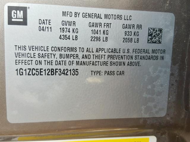 1G1ZC5E12BF342135 - 2011 CHEVROLET MALIBU 1LT 棕色 照片 10