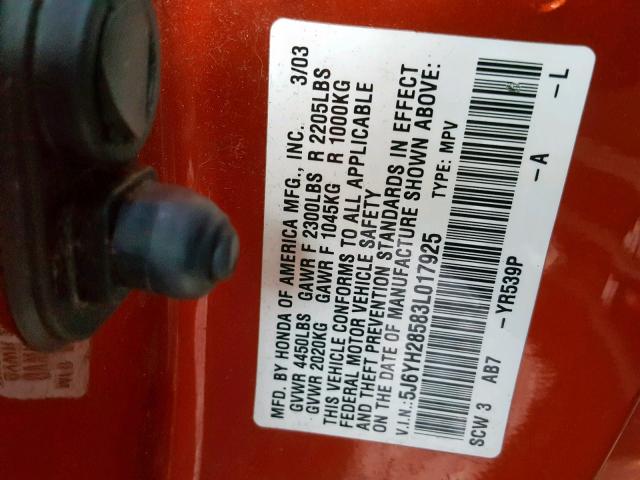 5J6YH28583L017925 - 2003 HONDA ELEMENT EX ORANGE photo 10