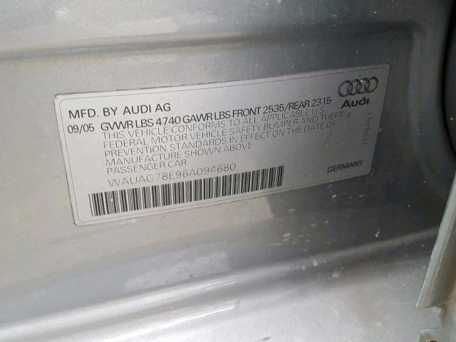 WAUAG78E96A094680 - 2006 AUDI A4 3.2 GRAY photo 10