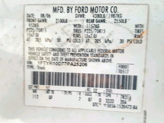 1FTYR10D77PA25206 - 2007 FORD RANGER WHITE photo 10