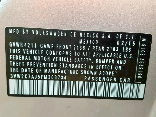 3VW2K7AJ5FM303734 - 2015 VOLKSWAGEN JETTA BASE SILVER photo 10