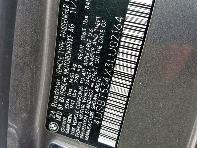 4USBT534X3LU02164 - 2003 BMW Z4 3.0 GRAY photo 10