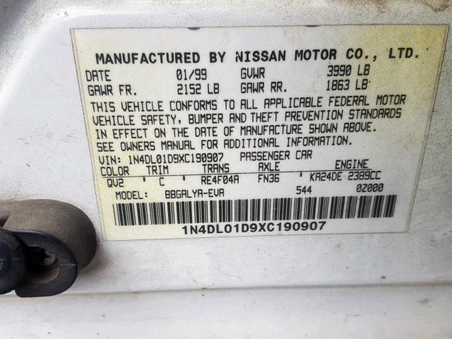 1N4DL01D9XC190907 - 1999 NISSAN ALTIMA XE WHITE photo 10